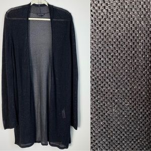 Eileen Fisher Open Front Fishnet Knit Cardigan Tencel Large Black Grey Lyocell